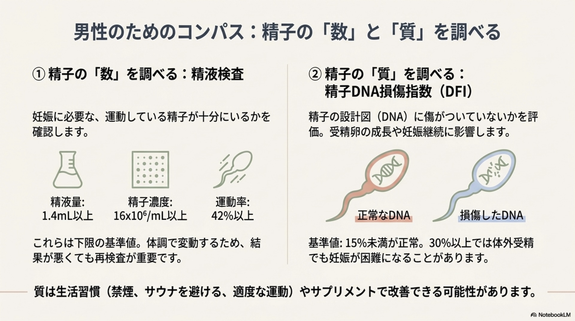 男性のためのコンパス 精子の数と質を調べる検査のまとめスライド